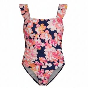 Kona Sol Pink and Blue One Piece Swimsuit Floral Design Ruffles Sz 20 NEW